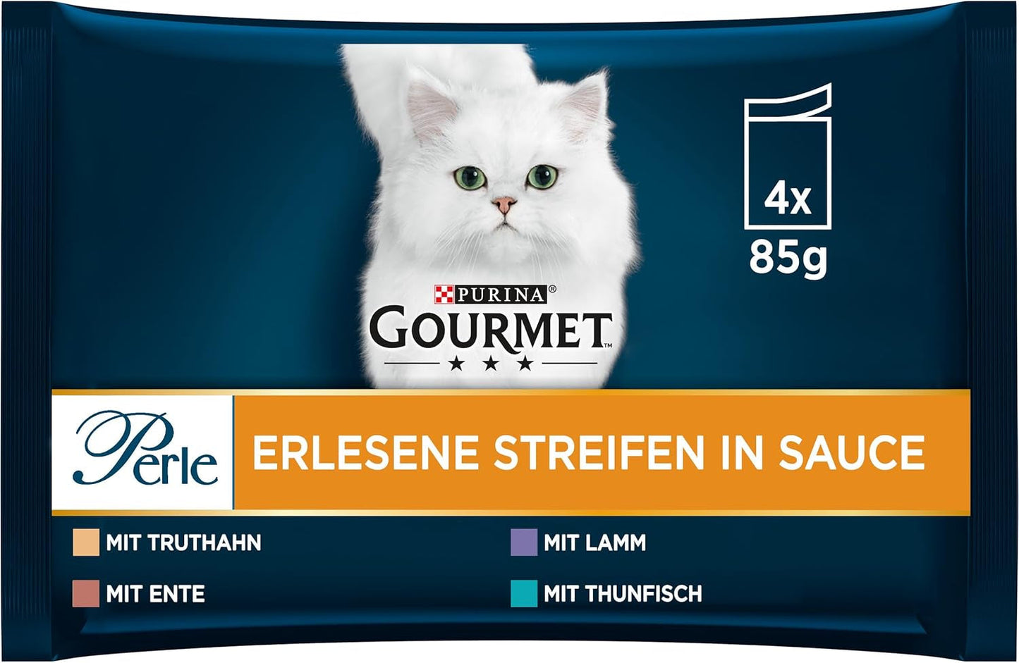 Gourmet Perle Select Strips mokra karma dla kotów, różne mieszanki, opakowanie 12 sztuk (12 x 4 saszetki po 85 g każda)
