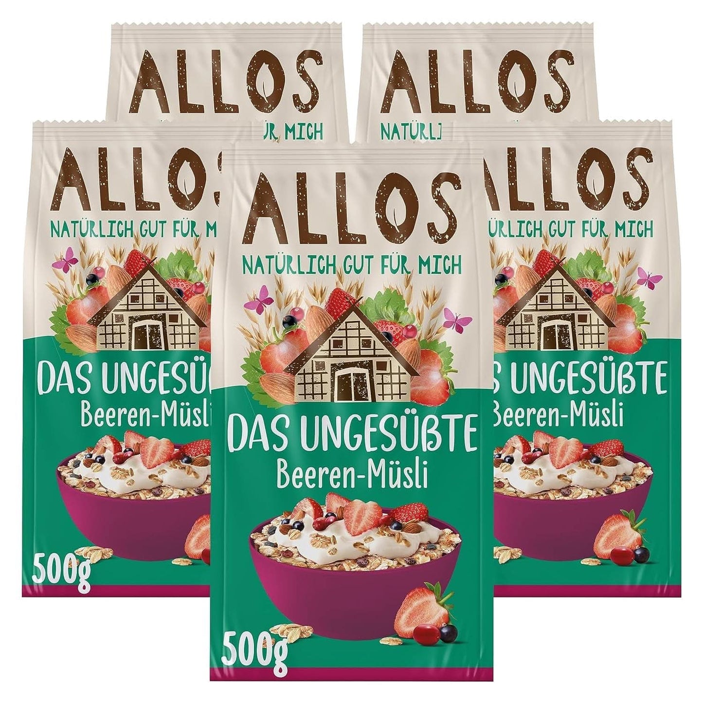 Allos, niesłodzone musli jagodowe, opakowanie 5 x 500 gramów Płatki Naty Shop Jagody