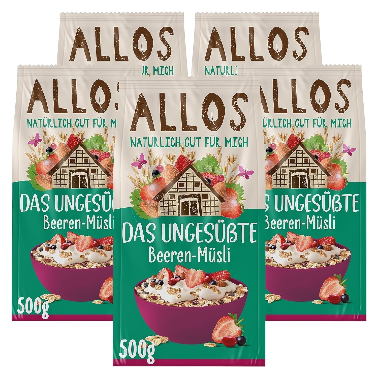 Allos niesłodzone musli białkowe | Organiczne musli | Płatki owsiane | Płatki śniadaniowe | Wegańskie (5 x 450g), 1 sztuka (opakowanie 5 szt.)