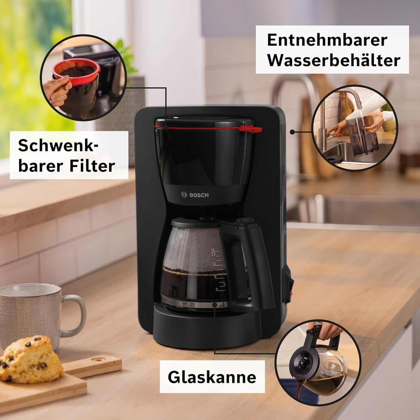 Bosch MyMoment TKA2M113 Ekspres do espresso z filtrem, szklana karafka 1,25 l, 10–15 filiżanek, funkcja utrzymywania ciepła przez 40 minut, system zapobiegający kapaniu, obrotowy uchwyt filtra, odłączany zbiornik na wodę, 1200 W, czarny matowy