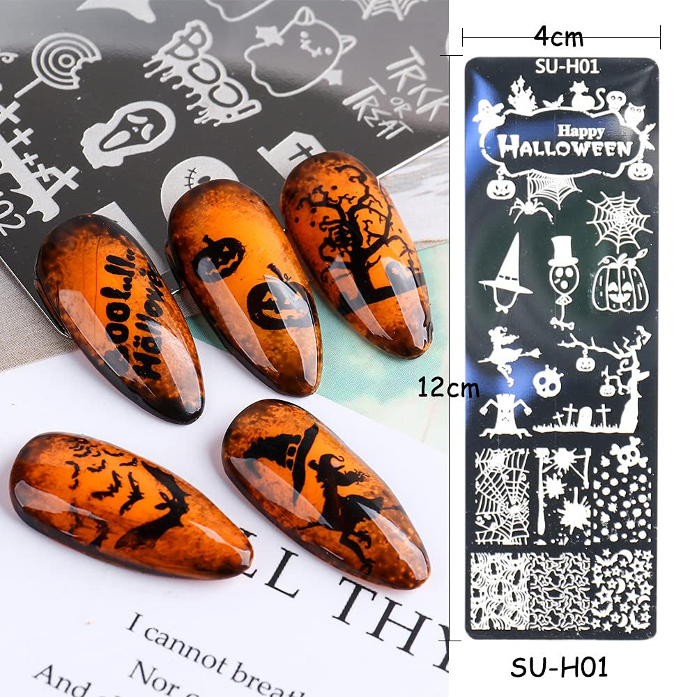 JMEOWIO Szablony do stemplowania paznokci Halloween 6 Stück Nagelstempel Szablony Nail Art Dekoration Nageldesign Zubehör Böse Gruselige Kürbis-Geisterhexe