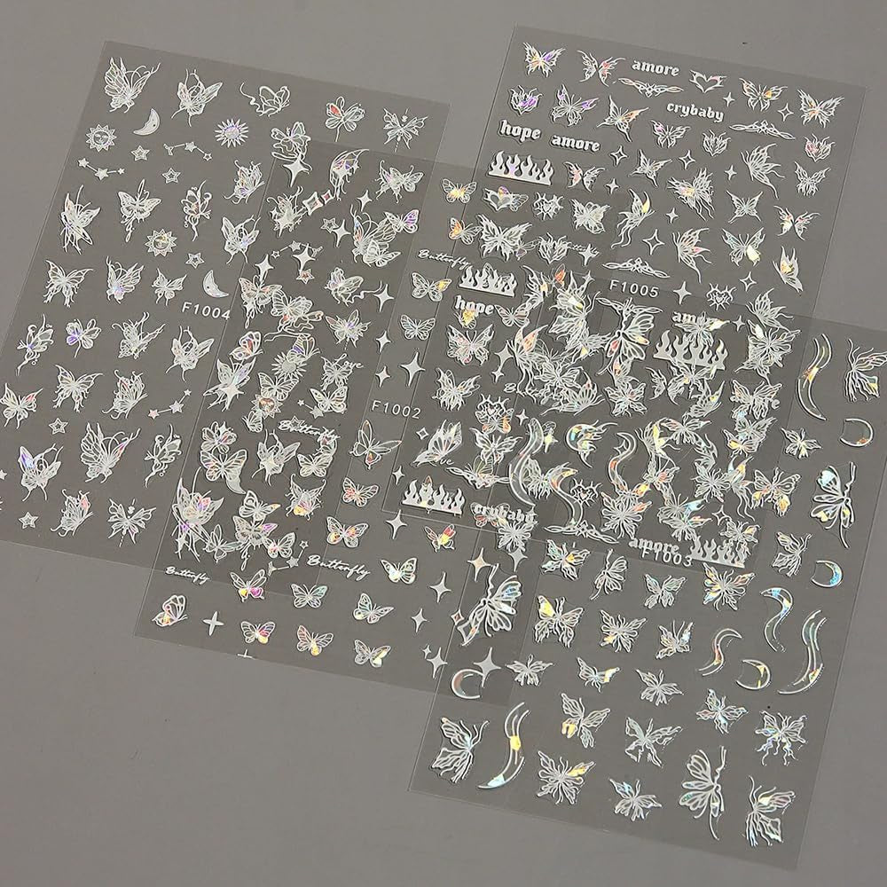 4 Blätter Holographisch Laser Weiß Schmetterling Nagelsticker,Y2K Aurora Schmetterlinge Stern Nail Naklejka 3D Flamme Herz Nageldesign Nagelsticker Selbstklebend Nagel Naklejka Nagel Zubehör Nail Art