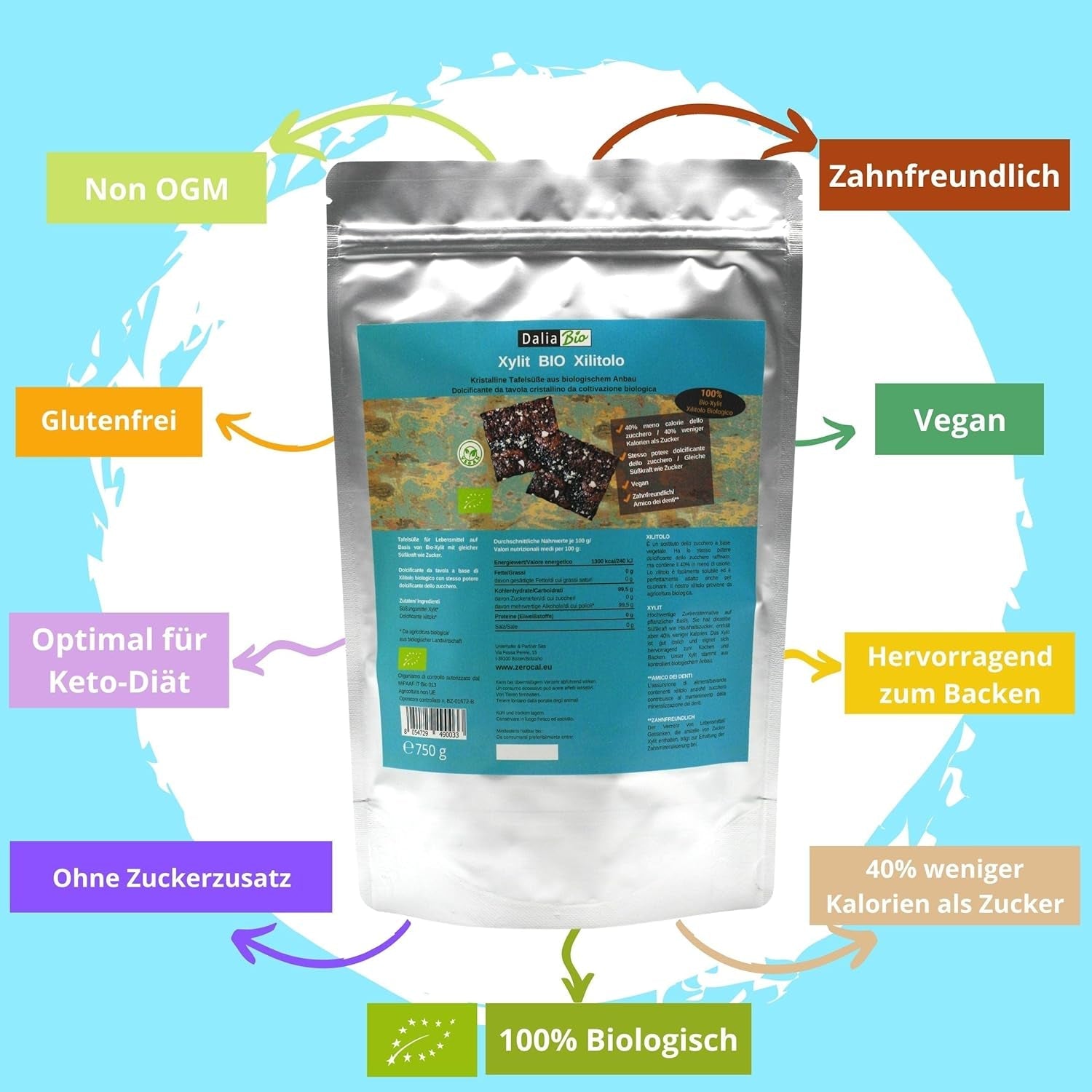 Bio Ksylitol Bio | Aus Biologischer Landwirtschaft | 40% mniej kalorii Zahnfreundlich | Ideal Zum Kochen Und Backen, 750 g słodzików Naty Shop