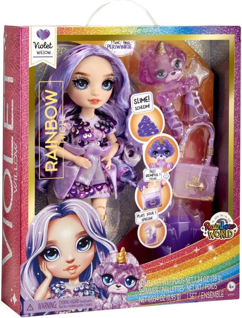 Modna lalka Rainbow ze śluzem i zwierzakiem - fioletowa - brokatowa lalka 28 cm z brokatowym śluzem, magicznym zwierzakiem i modnymi dodatkami - zabawka dla dzieci - idealna dla 4-12 lat