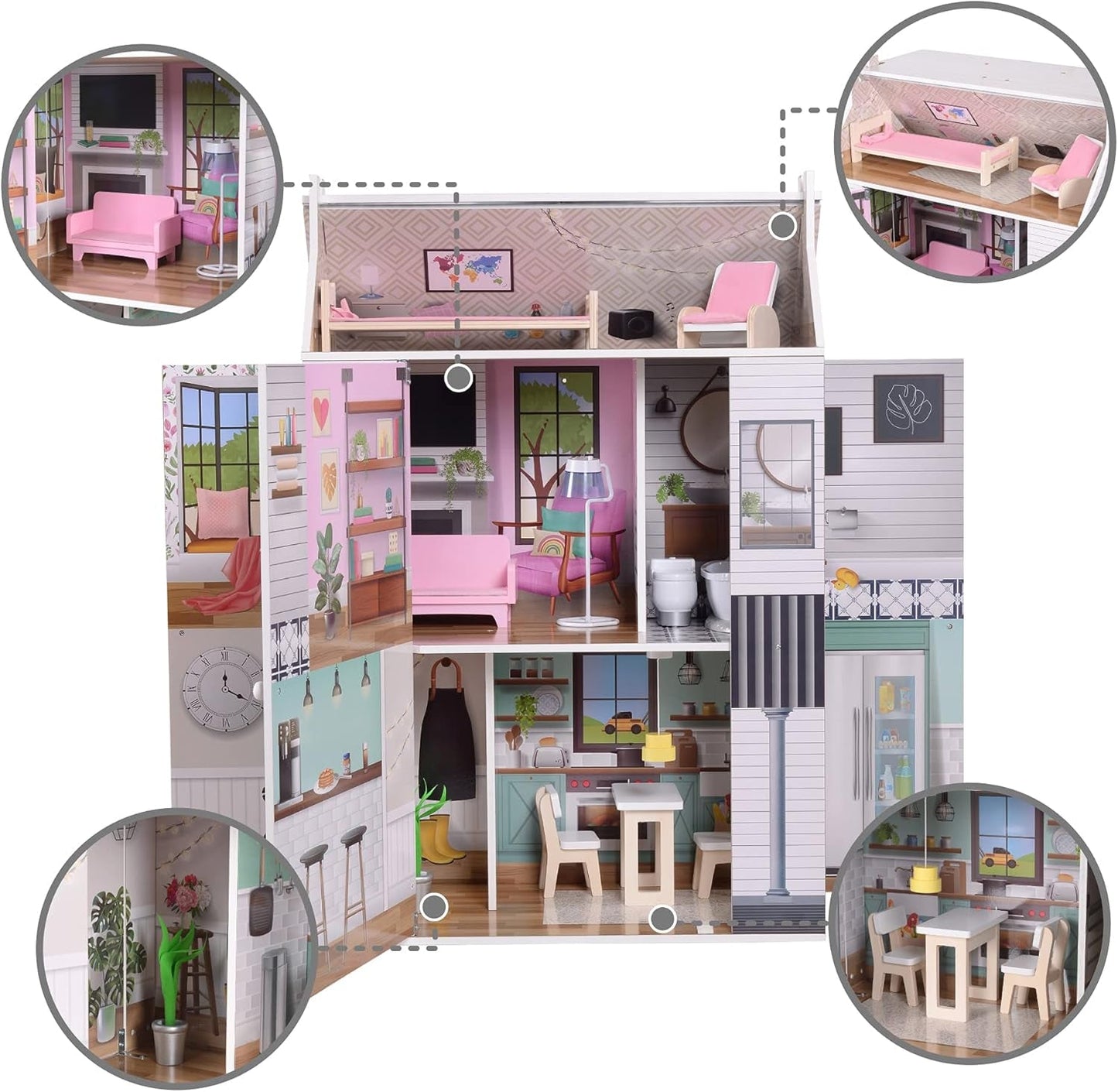 Olivia's Little World Dreamland 3-poziomowy interaktywny drewniany domek dla lalek z 13 akcesoriami meblowymi dla lalek biały TD-13632A