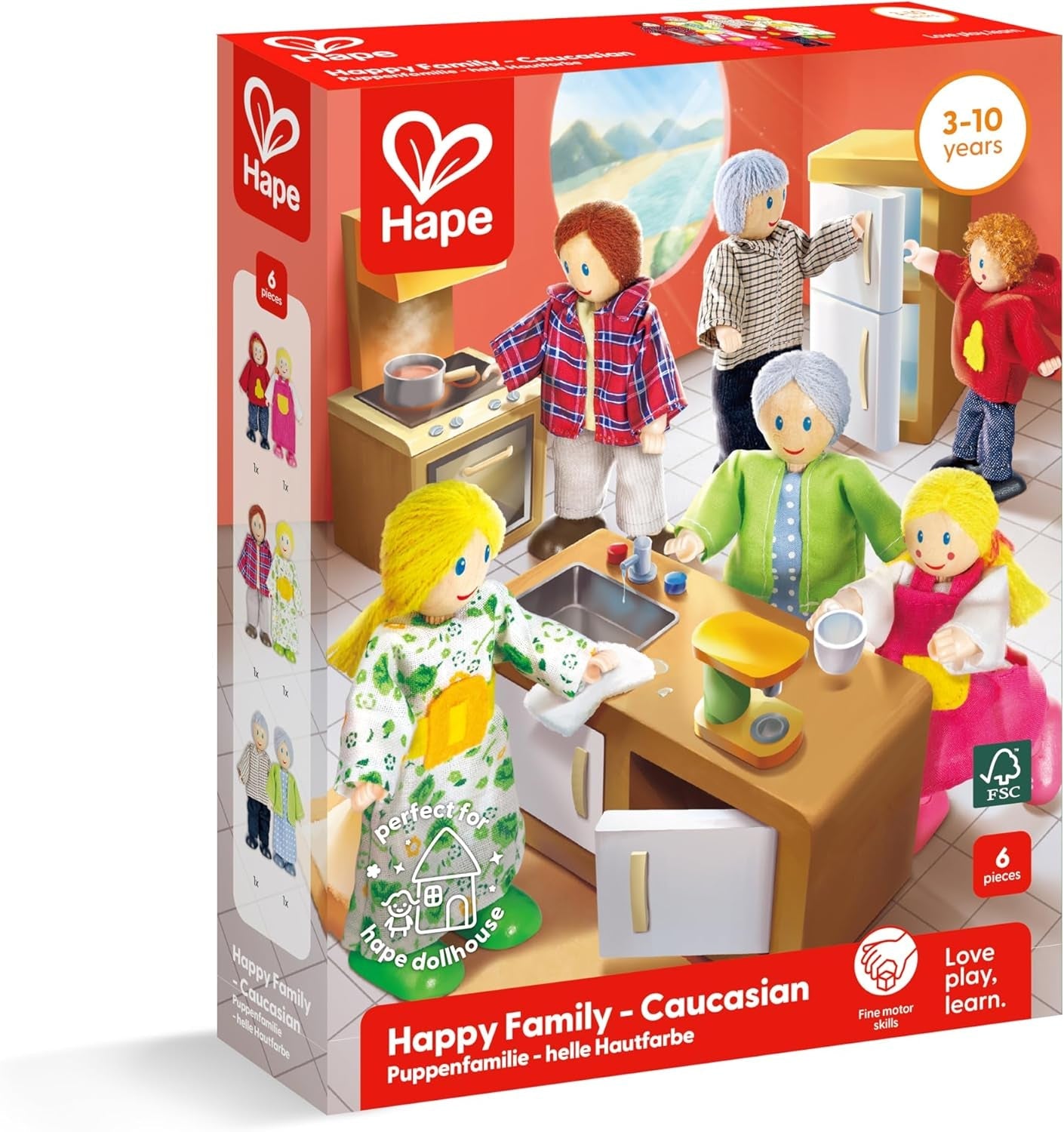 Nagradzany zestaw domków dla lalek Hape Doll Family, unikalne drewniane akcesoria do domku dla lalek, pomysłowa zabawa, 6 członków rodziny lalek, wiek od 3 lat