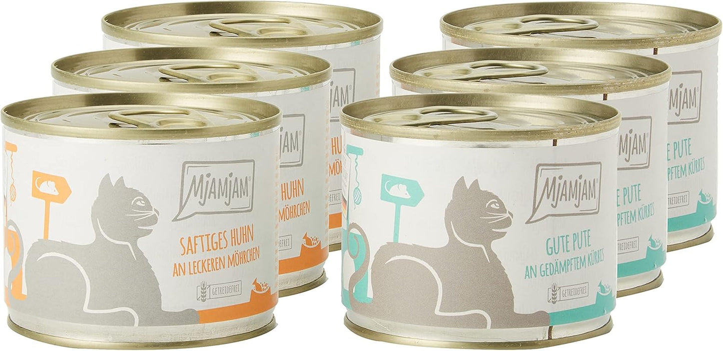 MjAMjAM - Mokra karma dla kotów Premium - Monopack I - z kurczakiem i indykiem, 6-pak (6 x 200g), bez zbóż z dodatkiem mięsa