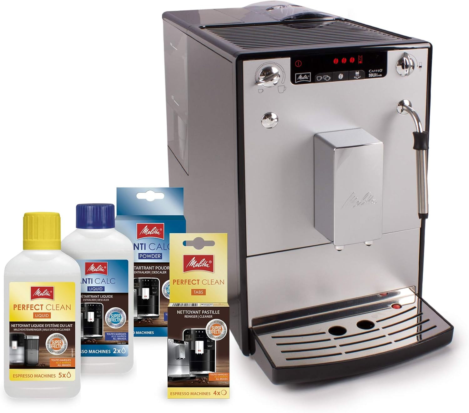 Melitta Solo & Milk - w pełni automatyczny, smukły ekspres do kawy ze spieniaczem do mleka, ekspres do kawy z wyjmowanym zbiornikiem na wodę, m.in. kawa lub cappuccino, srebro