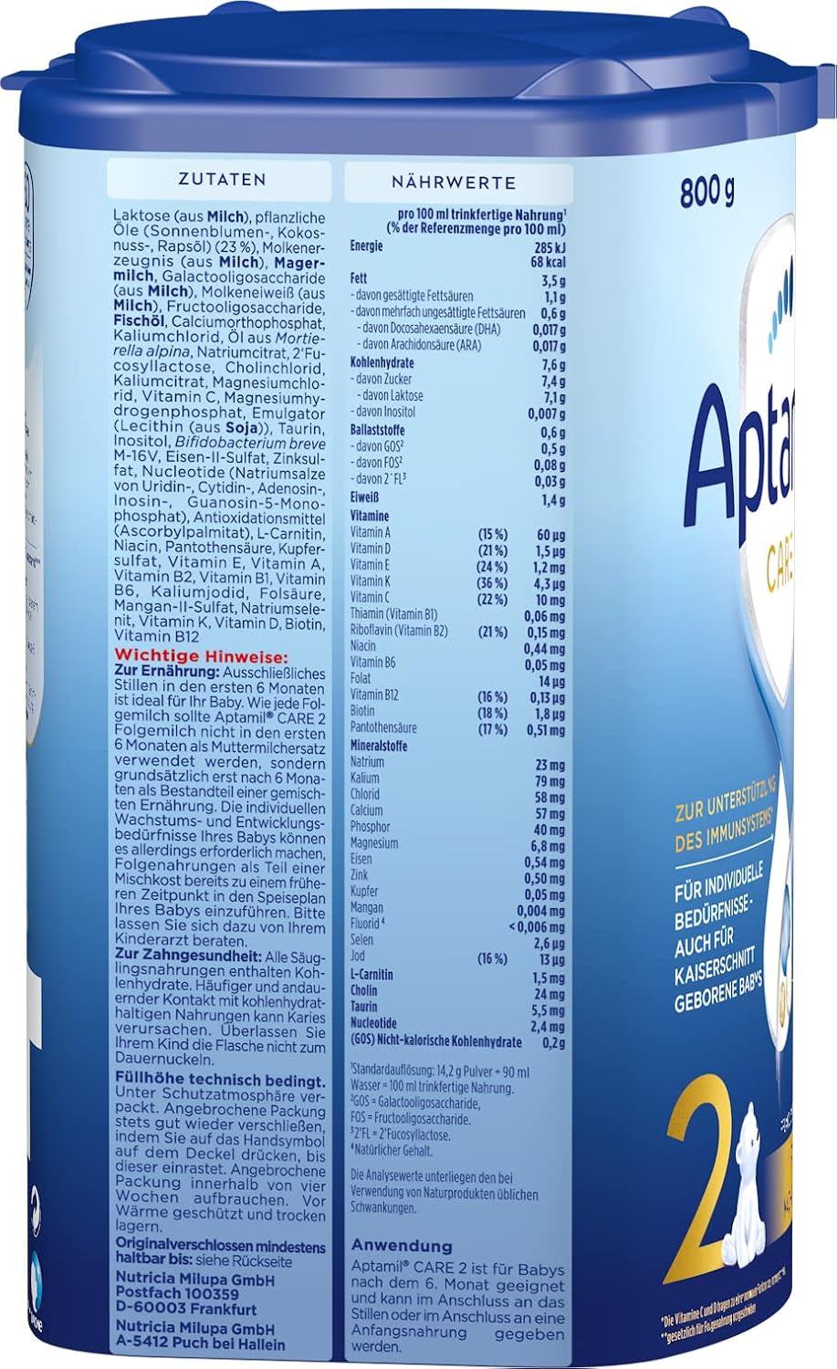 Aptamil Care 2 - Mleko następne po 6 miesiącu, z Omega 3 i 6, DHA i ARA, bez oleju palmowego, żywność dla niemowląt, mleko w proszku, 1 x 800 g (opakowanie 3 szt.)