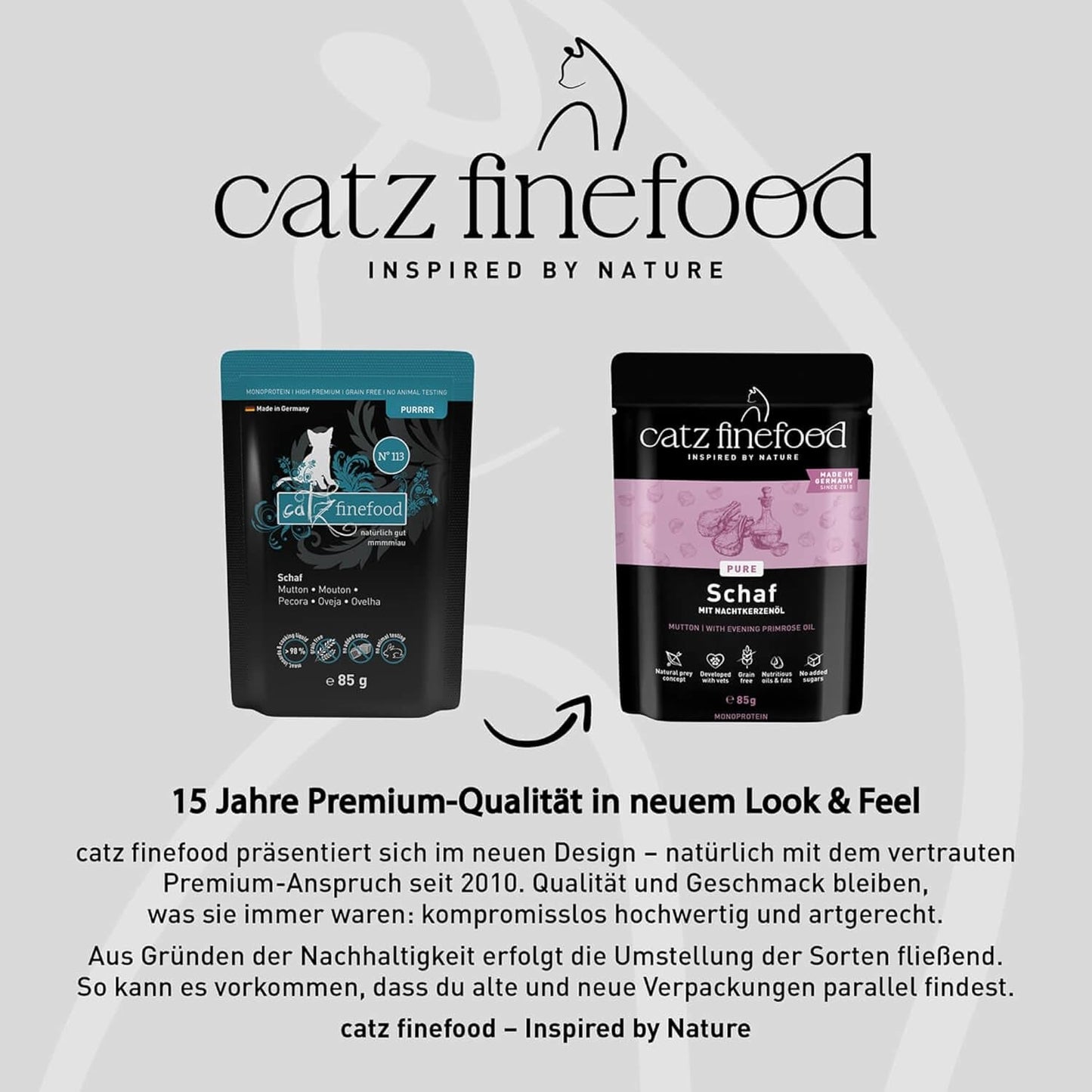 Mokra karma dla kotów Catz Finefood Purrrr Sheep Monoprotein no. 113, dla kotów z wrażliwym układem trawiennym, zawartość mięsa 70%, 16 saszetek po 85 g