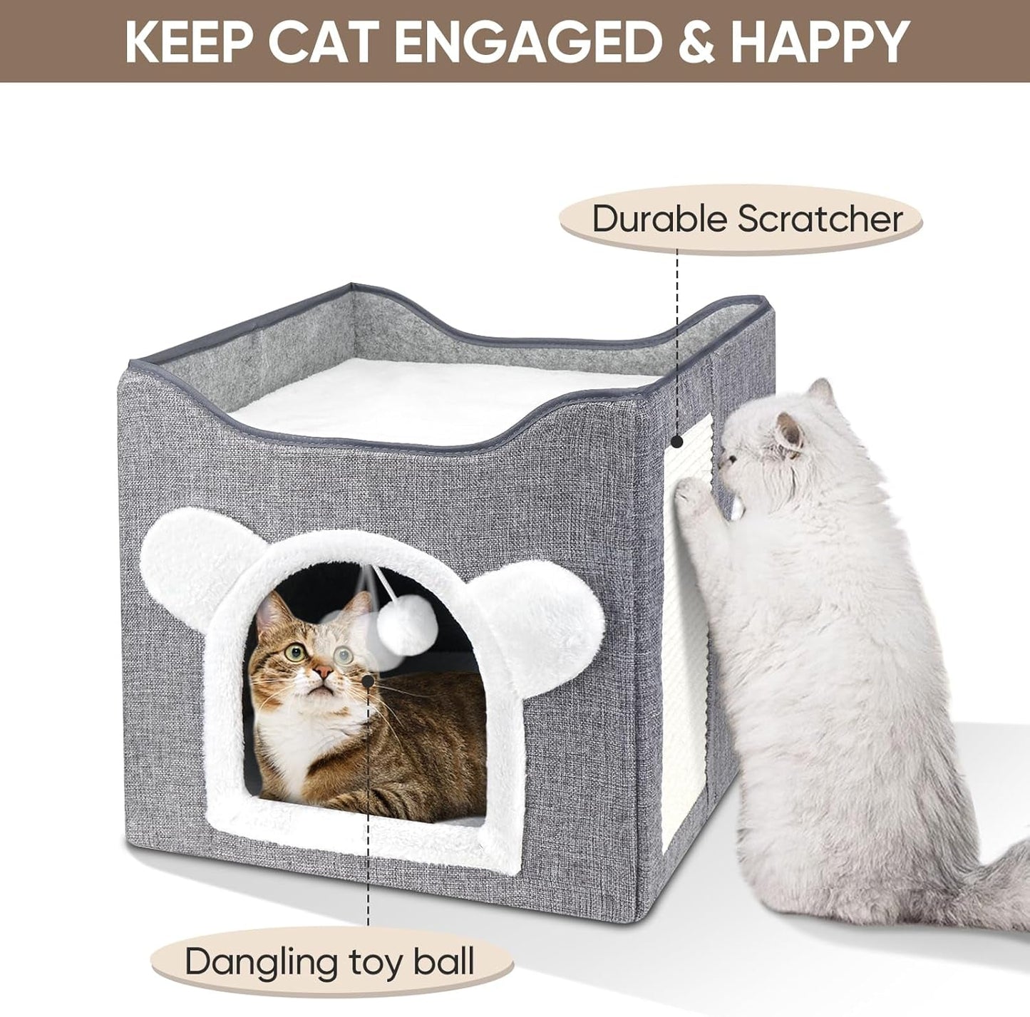 Katzenbetten für Indoor Katzen, Faltbares Katzenhaus, Katzenhöhle 2 Schicht Würfel Großer Raum Katzenbett mit Kratzbrett und Spielball, 15,8 x 15,8 x 15 cali