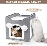 Katzenbetten für Indoor Katzen, Faltbares Katzenhaus, Katzenhöhle 2 Schicht Würfel Großer Raum Katzenbett mit Kratzbrett und Spielball, 15,8 x 15,8 x 15 cali