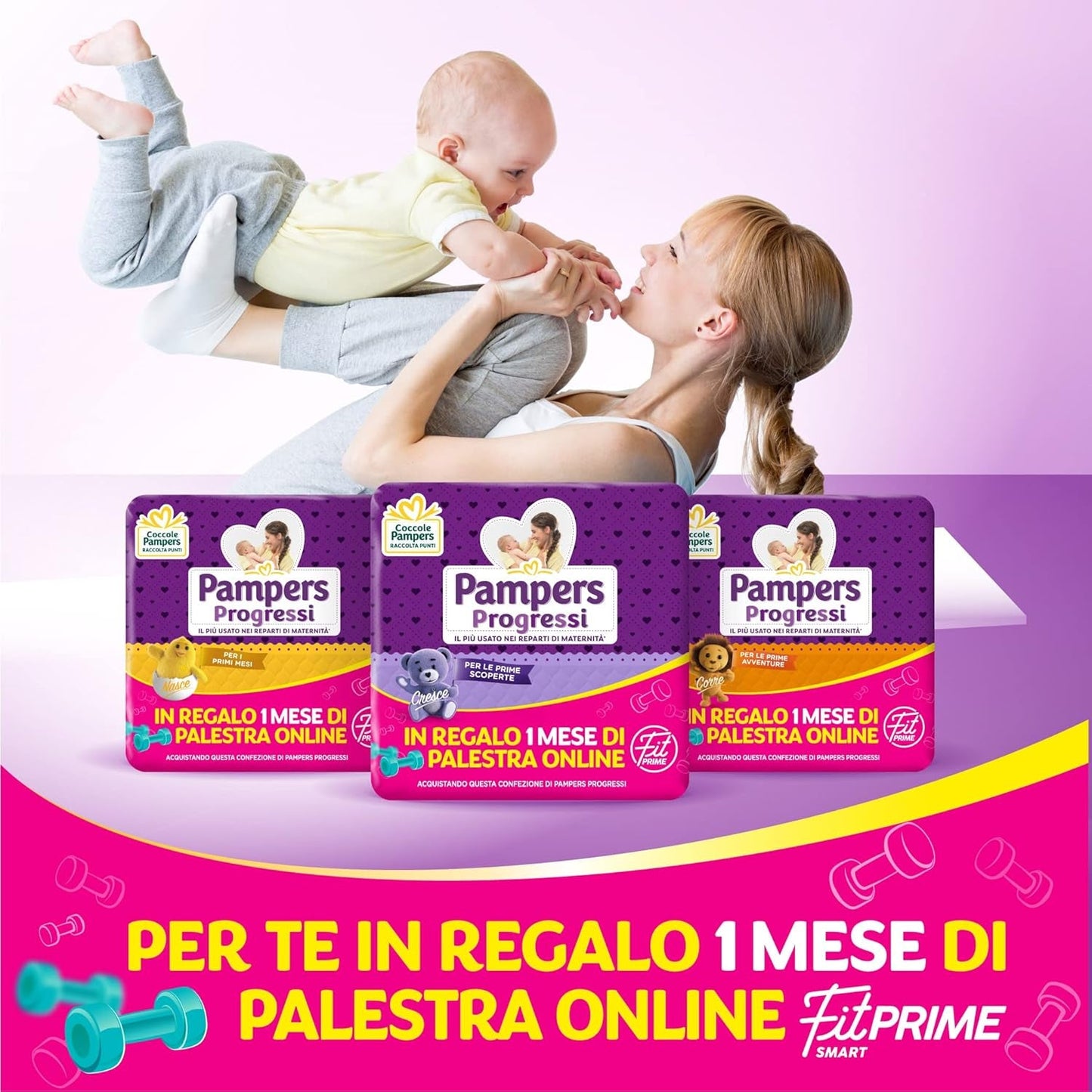 Pieluchy Pampers Progressi & Fit Prime Midi, krótki format, 162 pieluszki, rozmiar 3 (4-9 kg), członkostwo online na siłowni na 1 miesiąc w prezencie