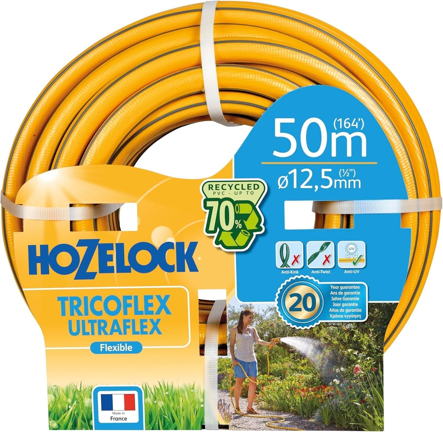 HOZELOCK - Wąż Tricoflex Ultraflex Ø 12,5 mm (1/2") 20 M: Elastyczny wąż ogrodowy, odporny na warunki atmosferyczne, skręcanie i zginanie, wykonany w 40% z PVC pochodzącego z recyklingu [117002], żółty