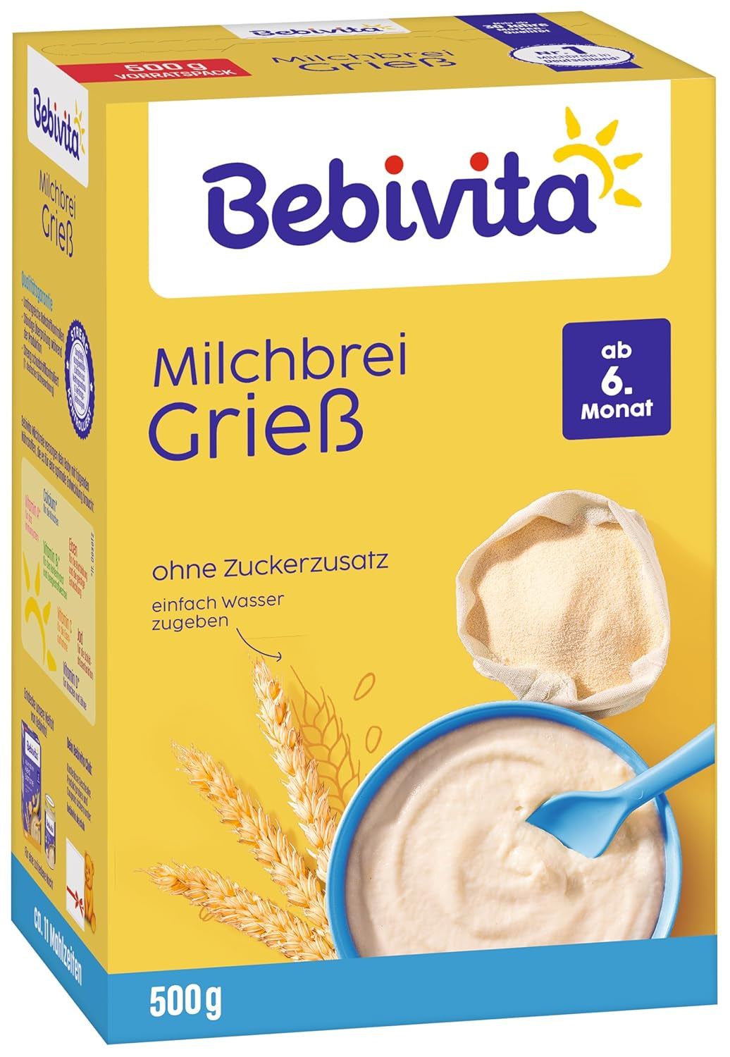 Kaszka manna z mlekiem (4 x 500g), pokarm dla dzieci od 6 miesiąca życia, bez dodatku cukru, z cennymi minerałami i witaminami, bardzo sycący