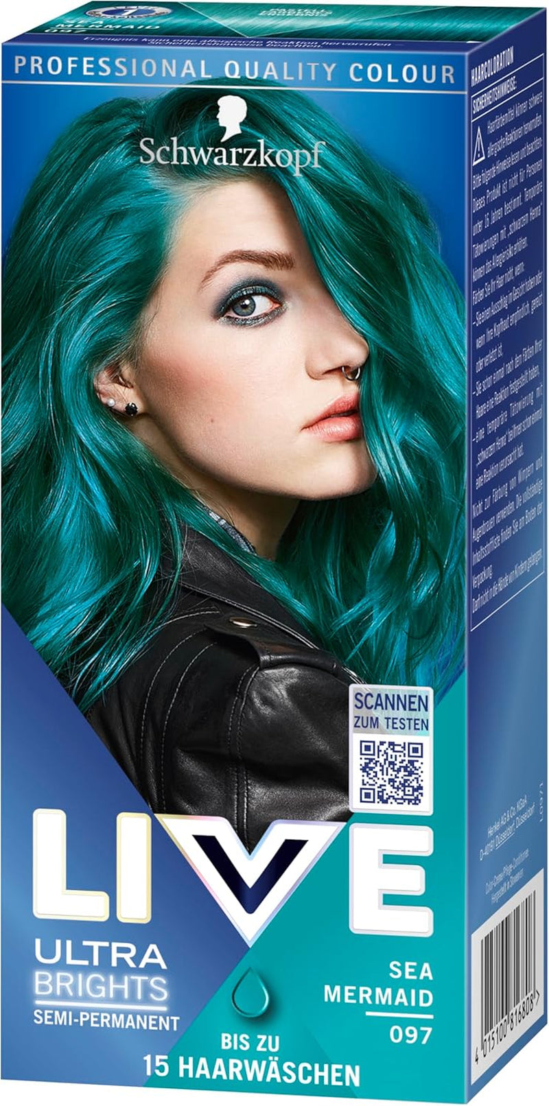 Schwarzkopf LIVE Ultra Brights Semi-Permanent Hair Color 097 Mermaid (3 x 80 ml), koloryzacja zapewniająca intensywne rezultaty lub pastelowe kolory, wytrzymuje 12-15 myć, z odżywką pielęgnacyjną Farba do włosów Naty Shop