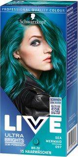 Schwarzkopf LIVE Ultra Brights Semi-Permanent Hair Color 097 Mermaid (3 x 80 ml), koloryzacja zapewniająca intensywne rezultaty lub pastelowe kolory, wytrzymuje 12-15 myć, z odżywką pielęgnacyjną Farba do włosów Naty Shop