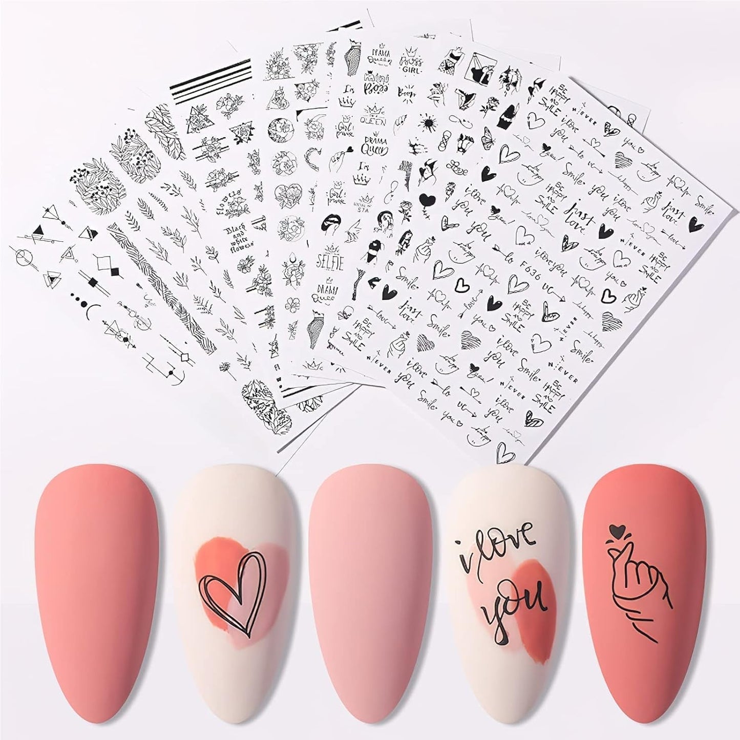 7 Blätter Nagelsticker Selbstklebend Nagelsticker Blumen Abstrakt 3D Schwarz Nagelaufkleber Nageldesign Herzform Wörter Pflanzen Nagel Naklejka DIY Nail Art Zubehör Maniküre Dekoration