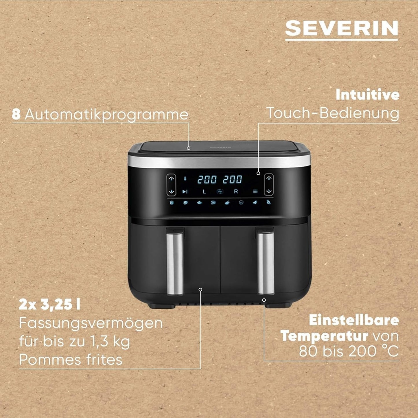 SEVERIN Frytownica podwójna na gorące powietrze z komorą gotowania 2 X 3,8 L, 8 programów automatycznych Sklep AGD Naty Shop