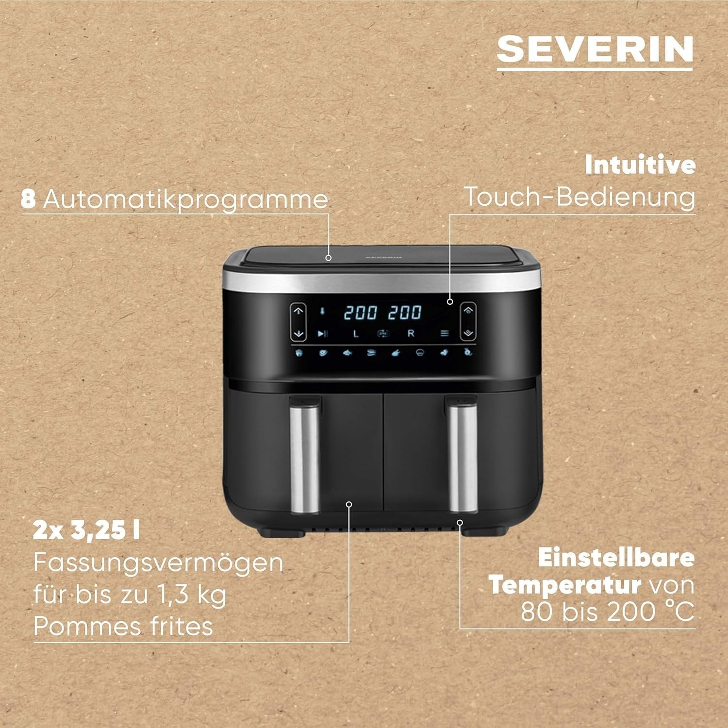 SEVERIN Frytownica podwójna na gorące powietrze z komorą gotowania 2 X 3,8 L, 8 programów automatycznych Sklep AGD Naty Shop