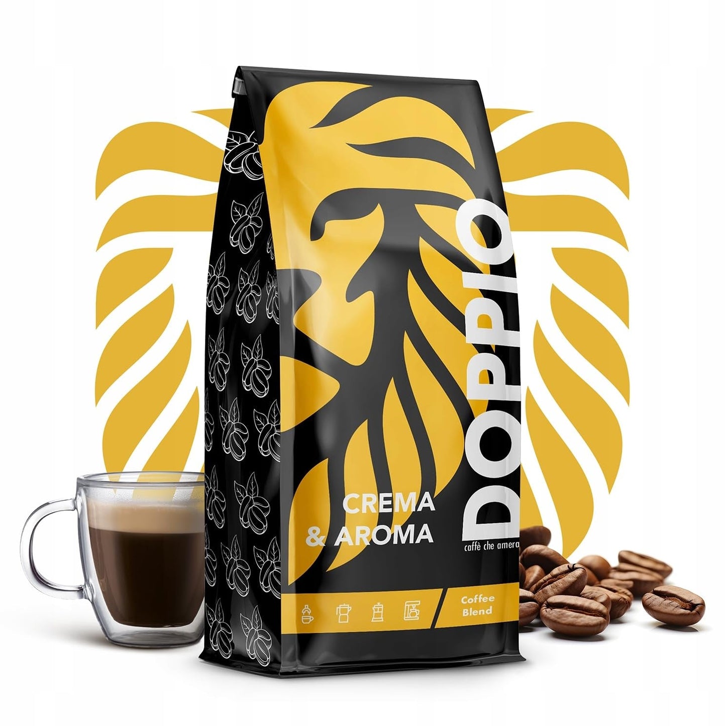 Doppio Krem i Smak 1KG | Kawa ziarnista 80% Arabica i 20% Robusta | z nutami kakao, orzechów i karmelu | Świeże i średnio palone, o niskiej kwasowości | do espresso | Kawa Blue Orca