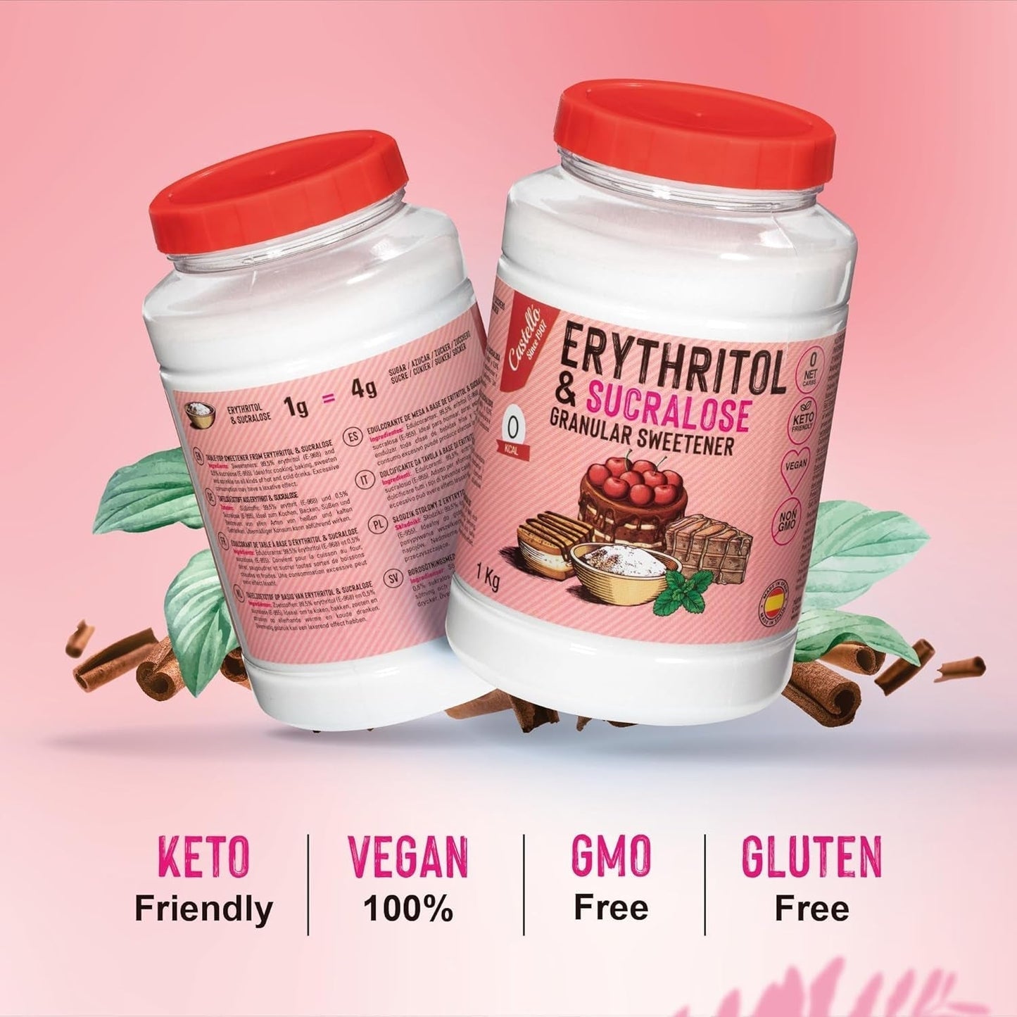 Erytrytol + Sukraloza 1:4 Süßstoff | 1G = 4G Zucker | 0 Netto-Kohlenhydrat - 0 Kalorien - 0 Glykämischer Index - Keto - Kein GVO - Castello od 1907 - 1 Kg Słodziki Naty Shop