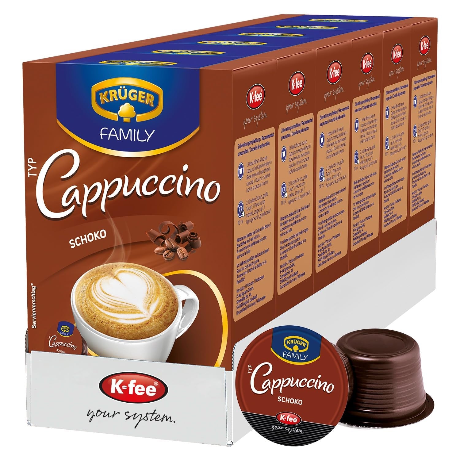 KRÜGER Cappuccino Schoko Kawa w kapsułkach, kompatybilna z K-fee i ALDI EXPRESSI* Kapselmaschinen, aromatyzowana kawa rozpuszczalna, 96 kapsułek