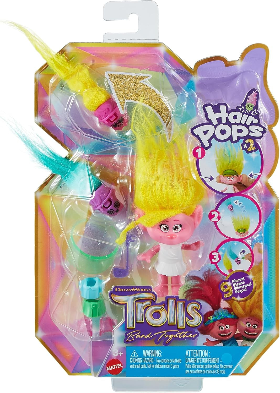 Mattel DREAMWORKS TROLLS United We Stand – Hairy Surprises Viva Lalka z jasnożółtymi pluszowymi włosami i 3 akcesoriami-niespodziankami, dla dzieci w wieku 3 lat i starszych, HNF11