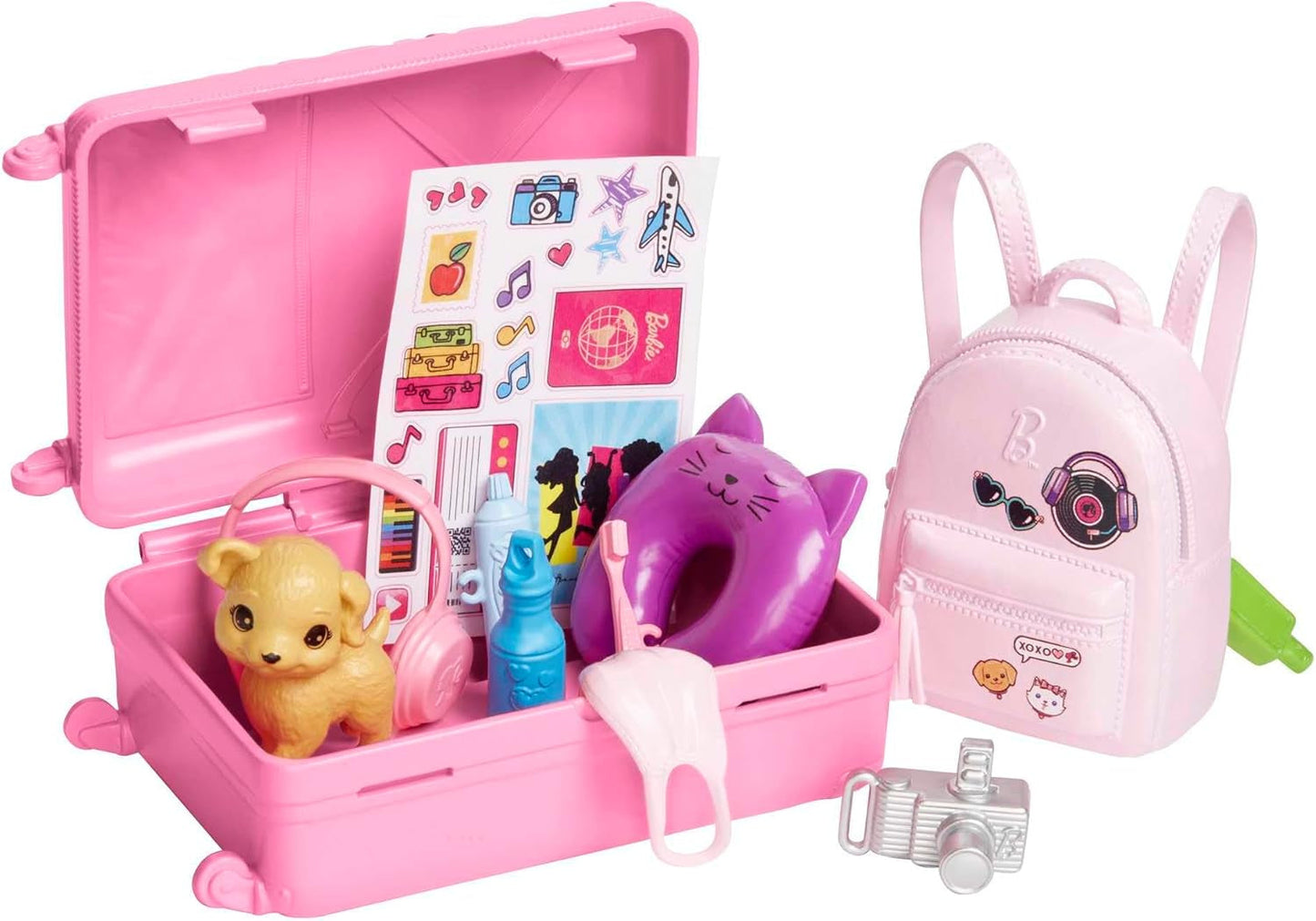 Lalka Barbie, podróżna Barbie z blond włosami, ponad 10 akcesoriów podróżnych, naklejki, walizka, szczeniak, w zestawie 1 lalka, prezent dla dzieci, zabawka w wieku 3+, HJY18