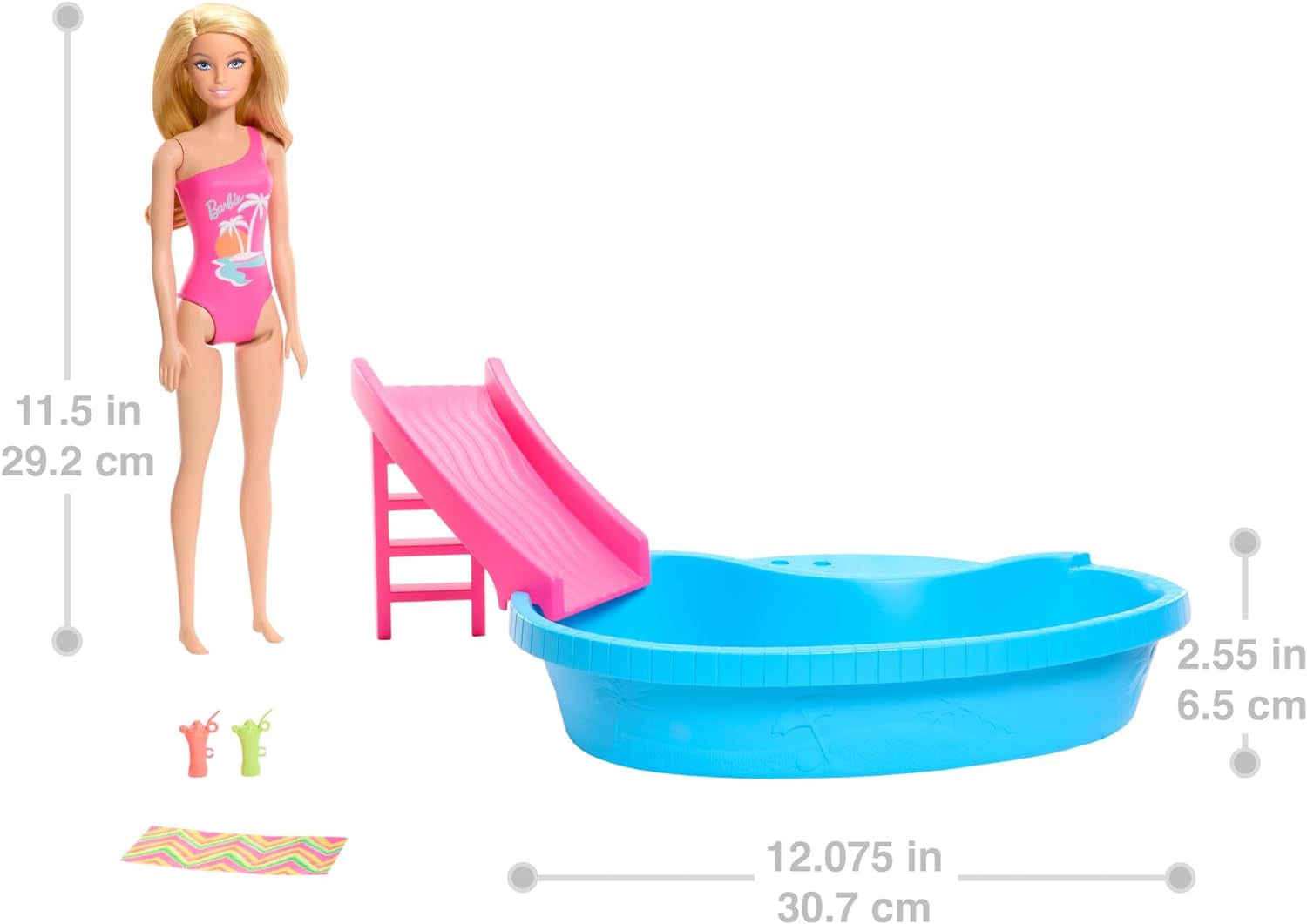 Lalka Barbie i akcesoria - basen ze zjeżdżalnią i akcesoriami do wielogodzinnej zabawy na słońcu, różowy kostium kąpielowy z tropikalnym wzorem, dla dzieci od 3. roku życia, HRJ74