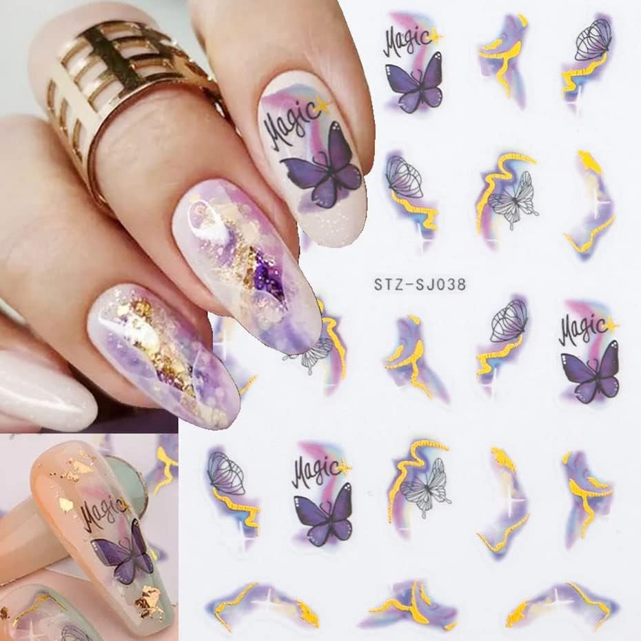 6 Blatt 3D Lila Schmetterling Nagelstickers Selbstklebend Nagelaufkleber Schmetterlinge Naklejka na paznokcie Bunte Blühen Marmor Nagel Naklejki Regenbogen Welle Linien Nail Art Aufkleber Nageldesign Zubehör