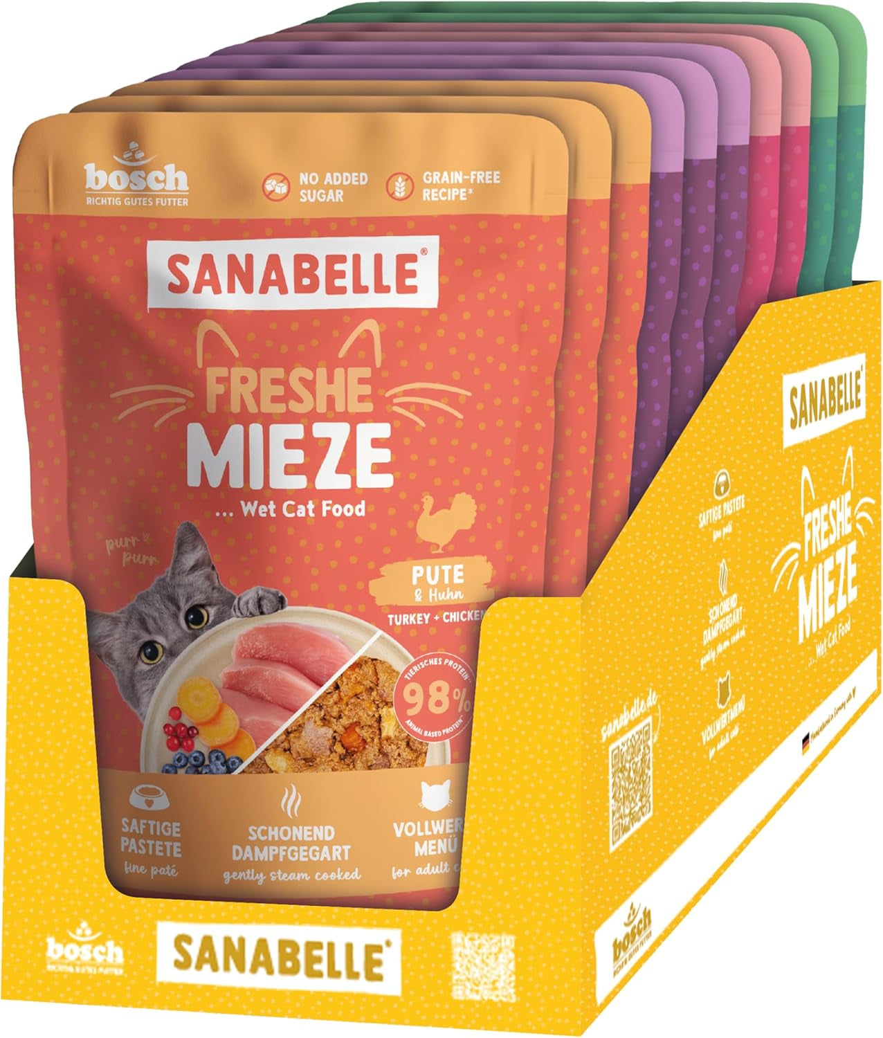 Sanabelle Freshe Mieze - Taca mieszana | 10 x 100g opakowanie mieszane | 4 pyszne odmiany karmy dla kotów, których warto spróbować | Mokra karma dla kotów gotowana na parze, zupełnie jak świeżo ugotowana