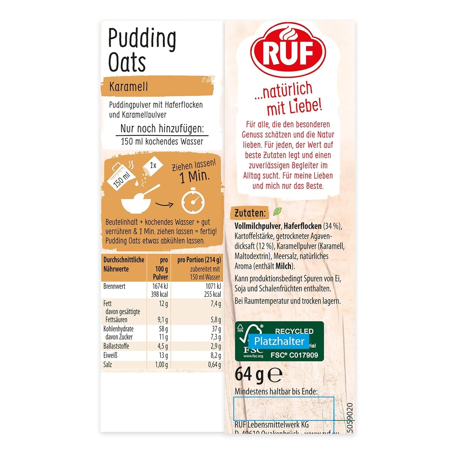 Karmelowy Pudding Owsiany, harmonijne połączenie budyniu karmelowego i pełnoziarnistych płatków owsianych, bez cukru, słodzony syropem z agawy, 1 saszetka x 64g (4 opakowania)
