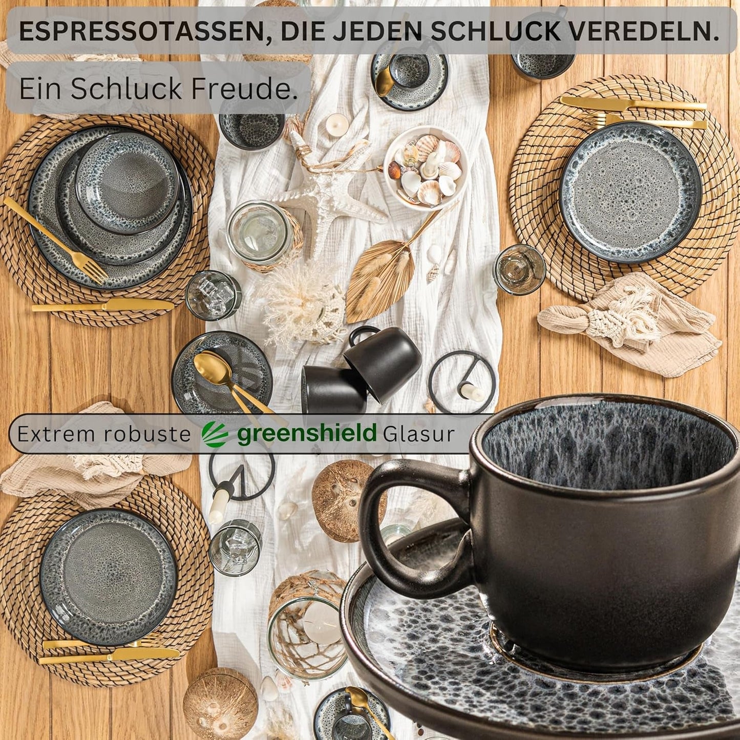 SANGER Sydney | Zestaw 12 filiżanek ceramicznych do espresso, Zestaw filiżanek do mokki na 6 sztuk, Filiżanki i spodki, Można myć w zmywarce i używać w kuchence mikrofalowej, Ciemnoszary, 80 ml | KOLEKCJA WARTOŚCIOWA