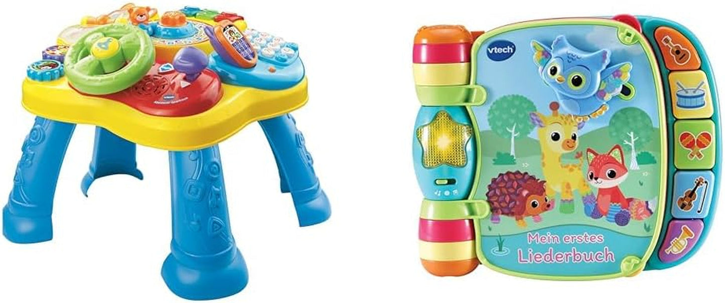 Stół do zabawy dla dzieci VTech - Kolorowy stół do zabawy dla dzieci z 6 boiskami i elementami interaktywnymi oraz Śpiewnik Baby My First 6-stronicowa kolorowa książeczka i ruchome zabawki na stół do zabawy Sklep Bebe Naty Opakowanie ze śpiewnikiem Opakowanie Easymail