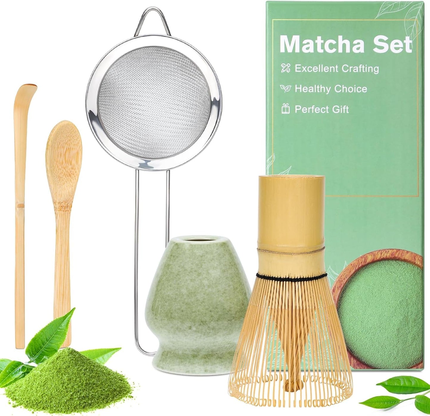 Zestaw Alyvisun Matcha, 5-częściowy zestaw do herbaty Matcha z czajniczkiem Matcha i stojakiem na herbatę Matcha, łyżeczka, łyżeczka, zestaw do herbaty Matcha dla miłośników Matcha, idealny dla początkujących i entuzjastów