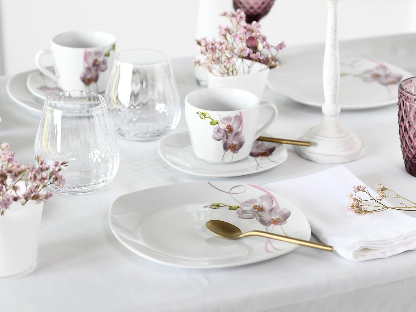 CreaTable, 24024, seria Square Orchid, 18-częściowy zestaw naczyń obiadowych dla 6 osób, porcelanowy serwis do kawy, można myć w zmywarce i używać w kuchence mikrofalowej, jakość produkcji