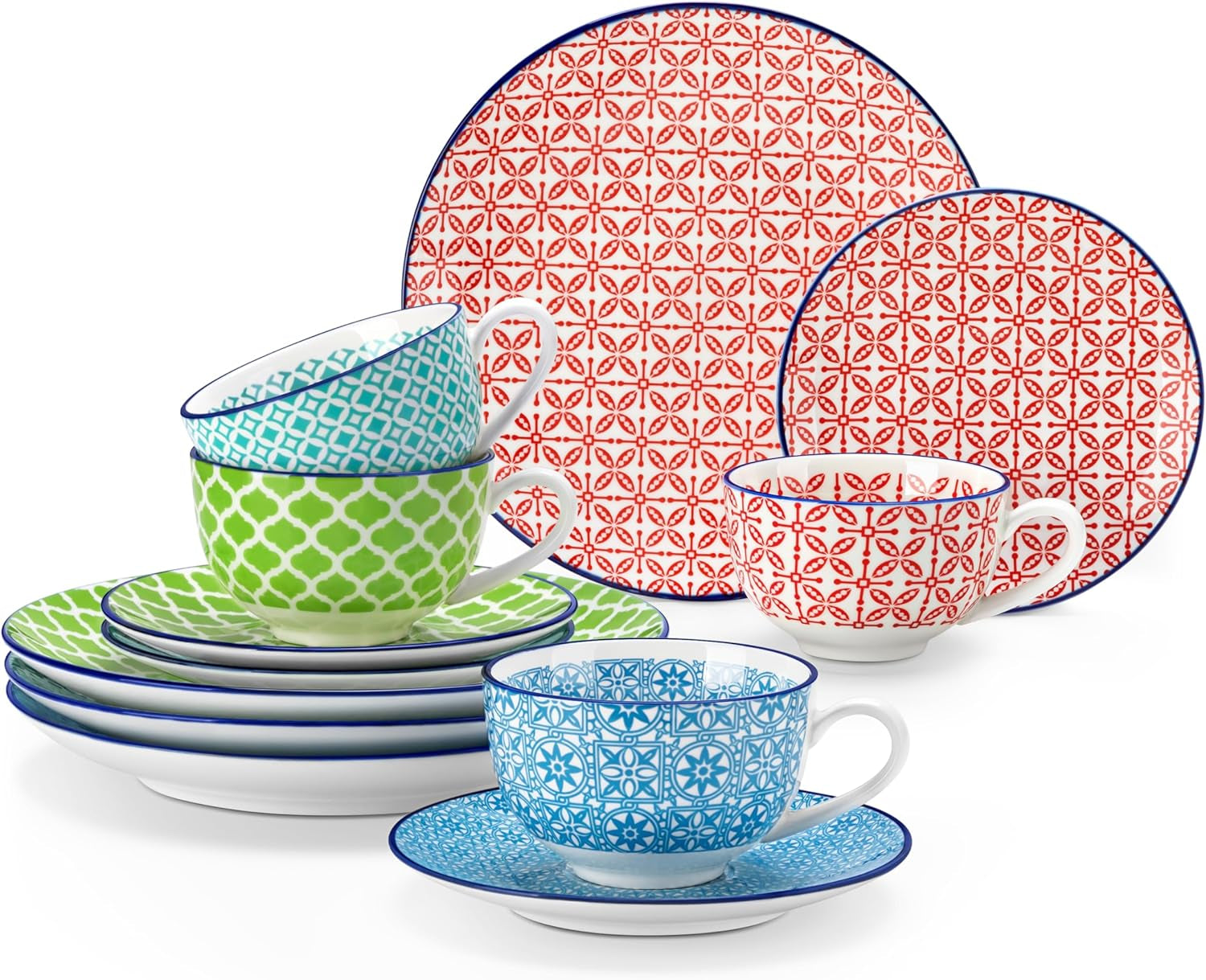 Porcelanowy zestaw do kawy Vancasso Macaron, 12-częściowy kolorowy serwis do kawy dla 4-12 osób, zestaw filiżanek, zawiera filiżanki do kawy, spodki i talerze deserowe