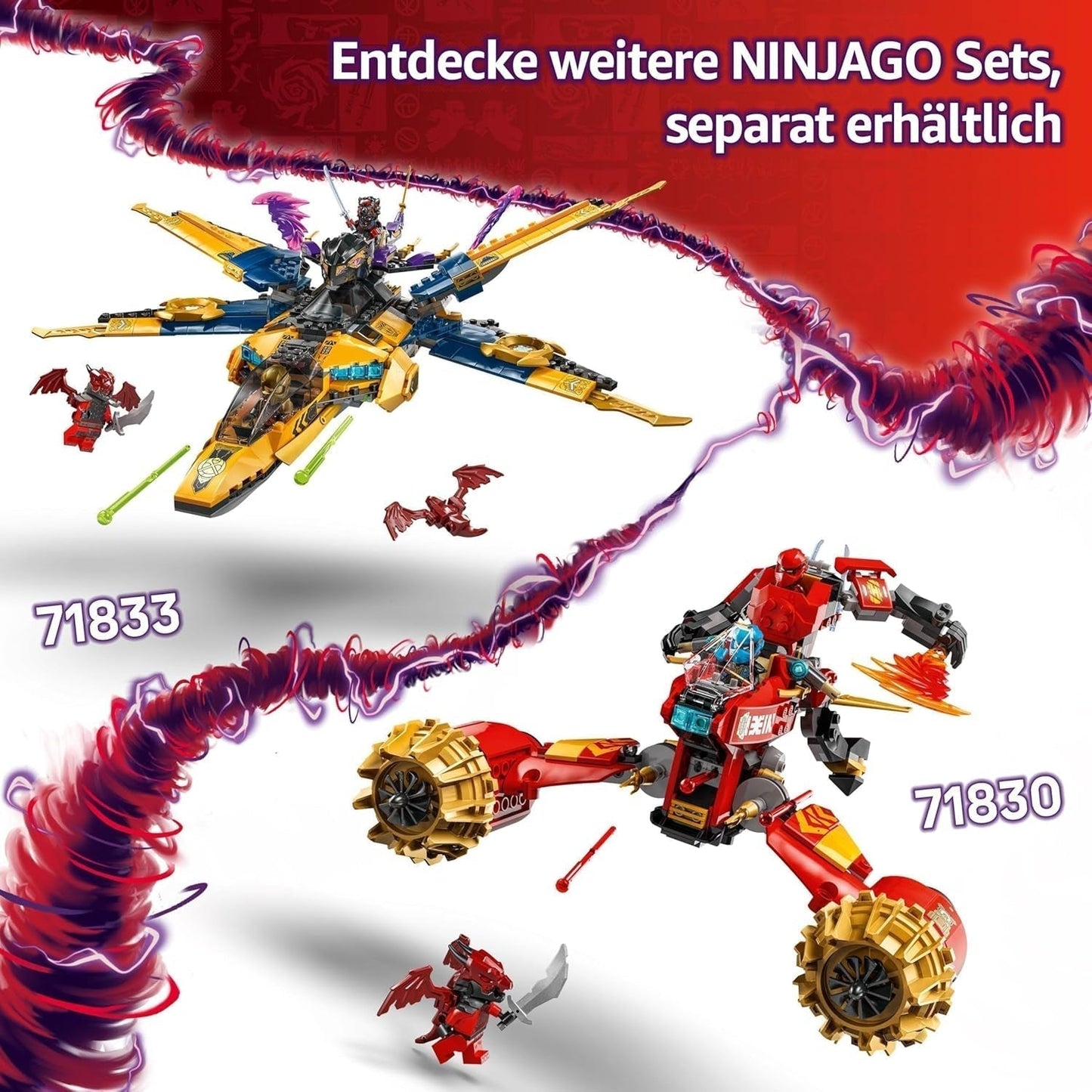 Samolot Super Storm LEGO NINJAGO Rasa i Arina — zabawka z dronem, miotaczami, ostrzami i silnikami — w zestawie. Trzy minifigurki Ninja do odgrywania ról — zestaw do budowania dla chłopców i dziewcząt od 8 lat 71833 Zestawy do budowania Besuche den LEGO-Store