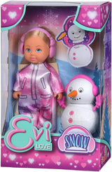 Simba 105733646 - Evi Love Snow, lalka w uroczym śnieżnym kostiumie z bałwanem do zbudowania, 12 cm, wiek 3+