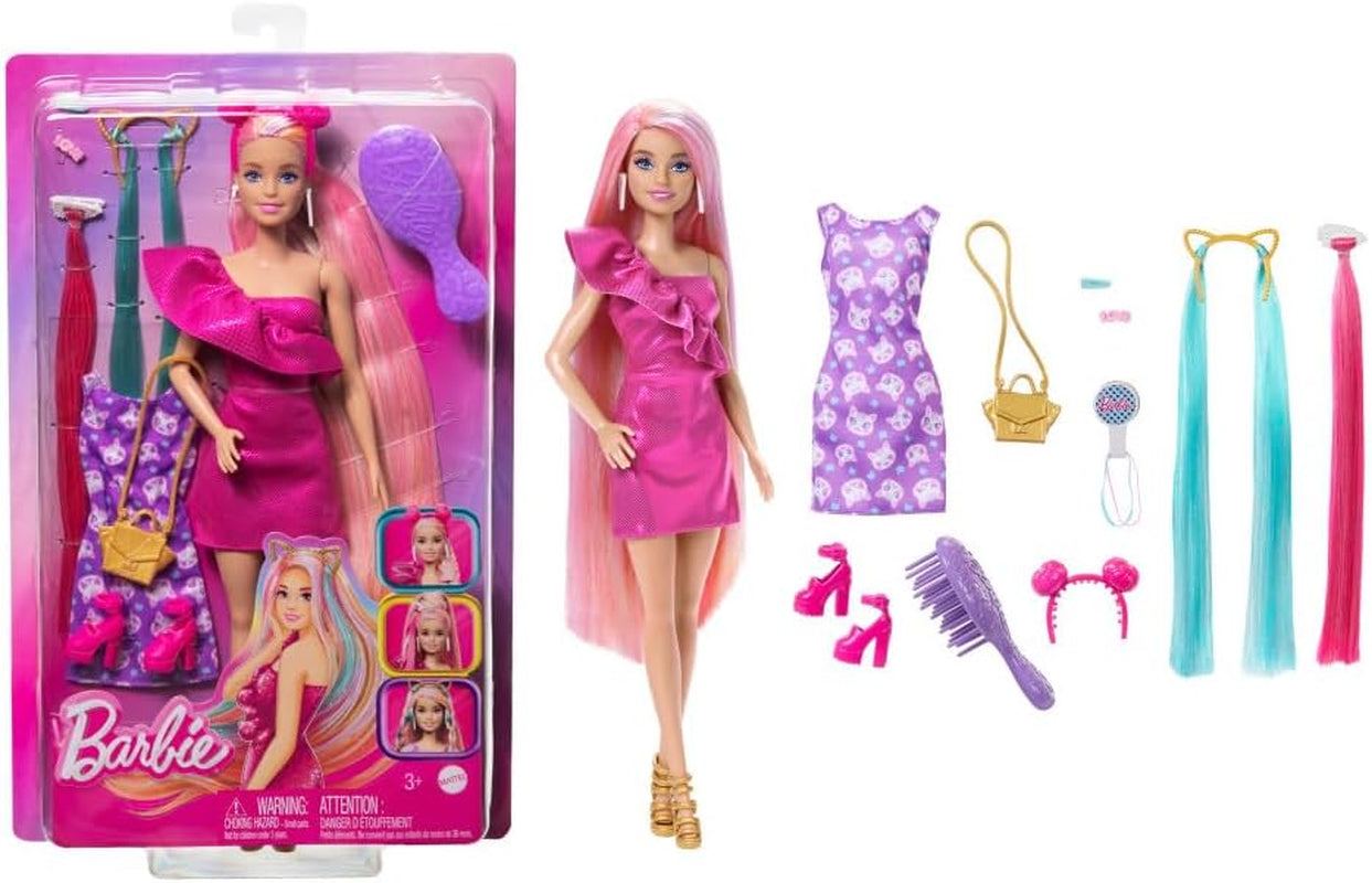Barbie Totally Hair — lalka z łatwymi do ułożenia, wyjątkowo długimi tęczowymi włosami i 10 dodatkami do mody i stylizacji, sukienka w kropki z blokami kolorów, dla dzieci w wieku od 3 lat, HKT96