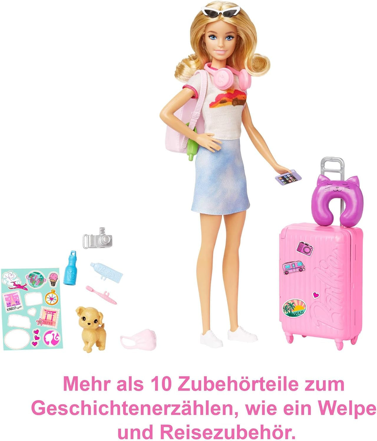 Lalka Barbie, podróżna Barbie z blond włosami, ponad 10 akcesoriów podróżnych, naklejki, walizka, szczeniak, w zestawie 1 lalka, prezent dla dzieci, zabawka w wieku 3+, HJY18