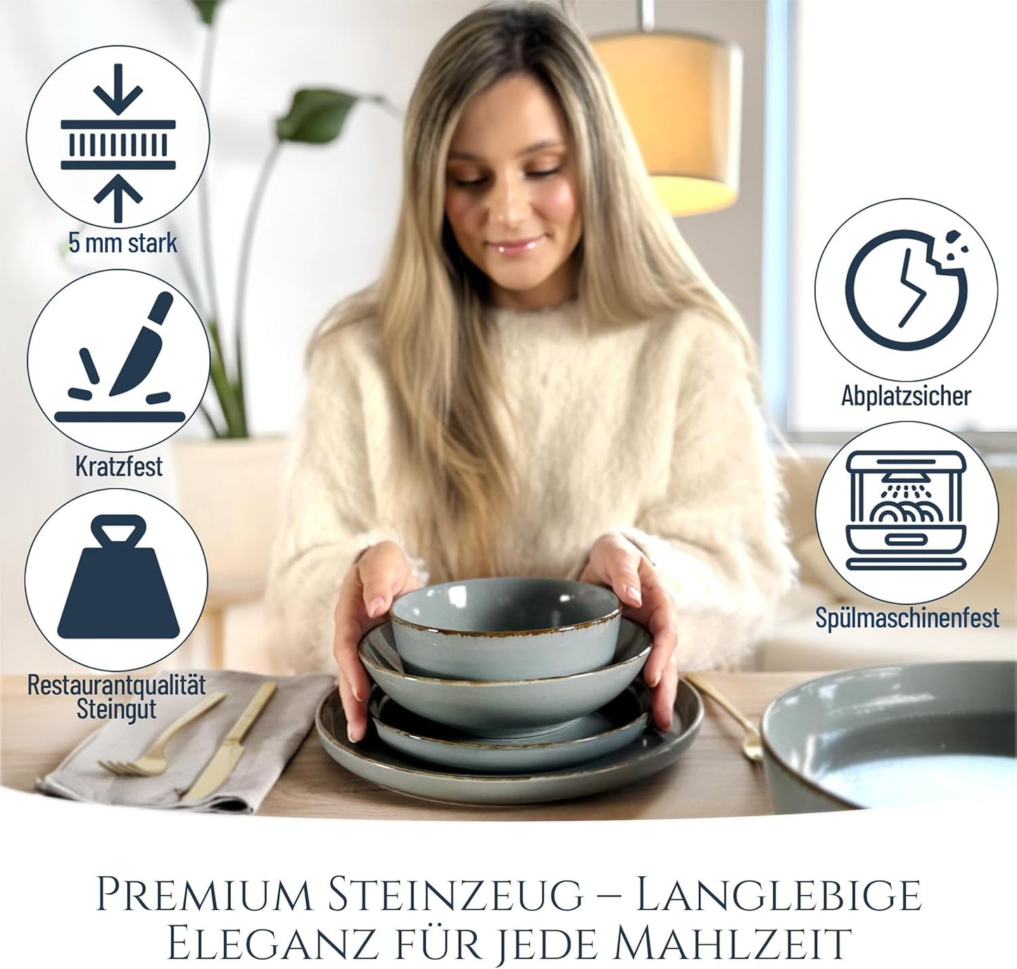 Steingut Geschirrset 6 Personen Rustic 24 tlg. TESTSIEGER, Hochwertiges Landhaussttil Steingut Geschirr Set, Schüssel- und Teller Set, Tafelservice 6 Personen, Geschirrsets Pure Living w Rauchblau