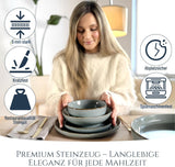 Steingut Geschirrset 6 Personen Rustic 24 tlg. TESTSIEGER, Hochwertiges Landhaussttil Steingut Geschirr Set, Schüssel- und Teller Set, Tafelservice 6 Personen, Geschirrsets Pure Living w Rauchblau