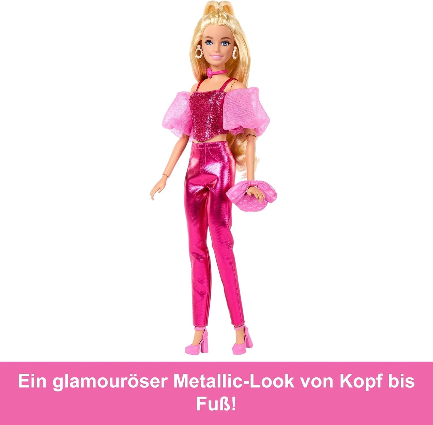 Lalka Barbie Deluxe Style nr 5 w metalicznym różowym blond stroju, z błyszczącym stanikiem i błyszczącymi spodniami, z dodatkami, takimi jak różowy naszyjnik i torebka, JFP40