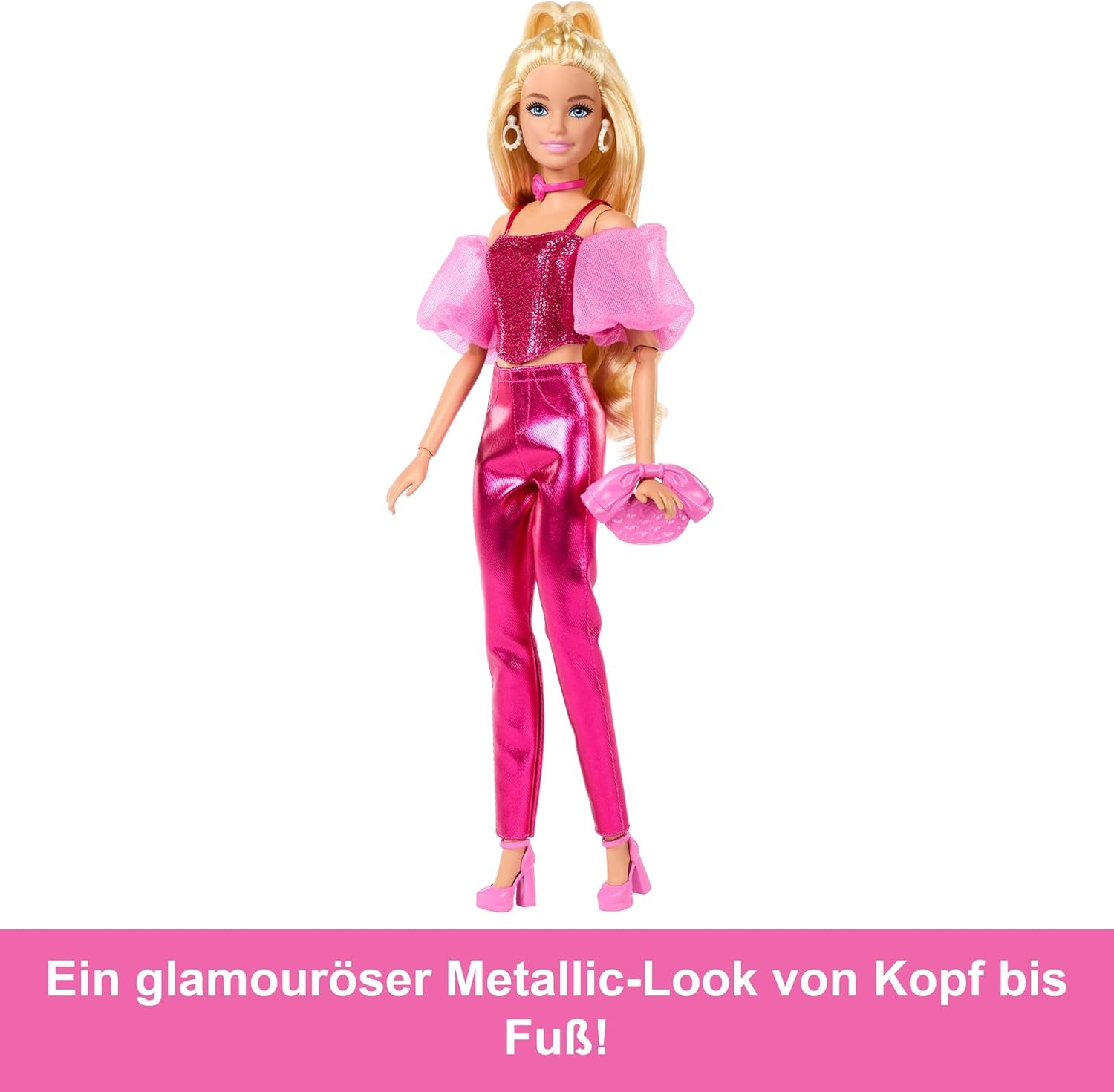 Lalka Barbie Deluxe Style nr 5 w metalicznym różowym blond stroju, z błyszczącym stanikiem i błyszczącymi spodniami, z dodatkami, takimi jak różowy naszyjnik i torebka, JFP40