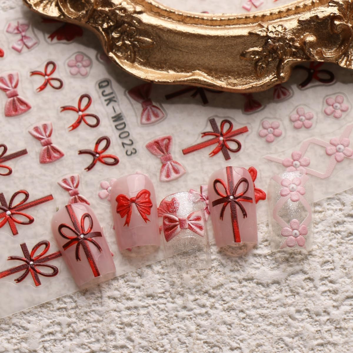 JMEOWIO Nagelsticker Bunte Herz Schleife 6 Blatt Nail Art Naklejka Selbstklebend Nagelaufkleber Dekoration Nageldesign Zubehör