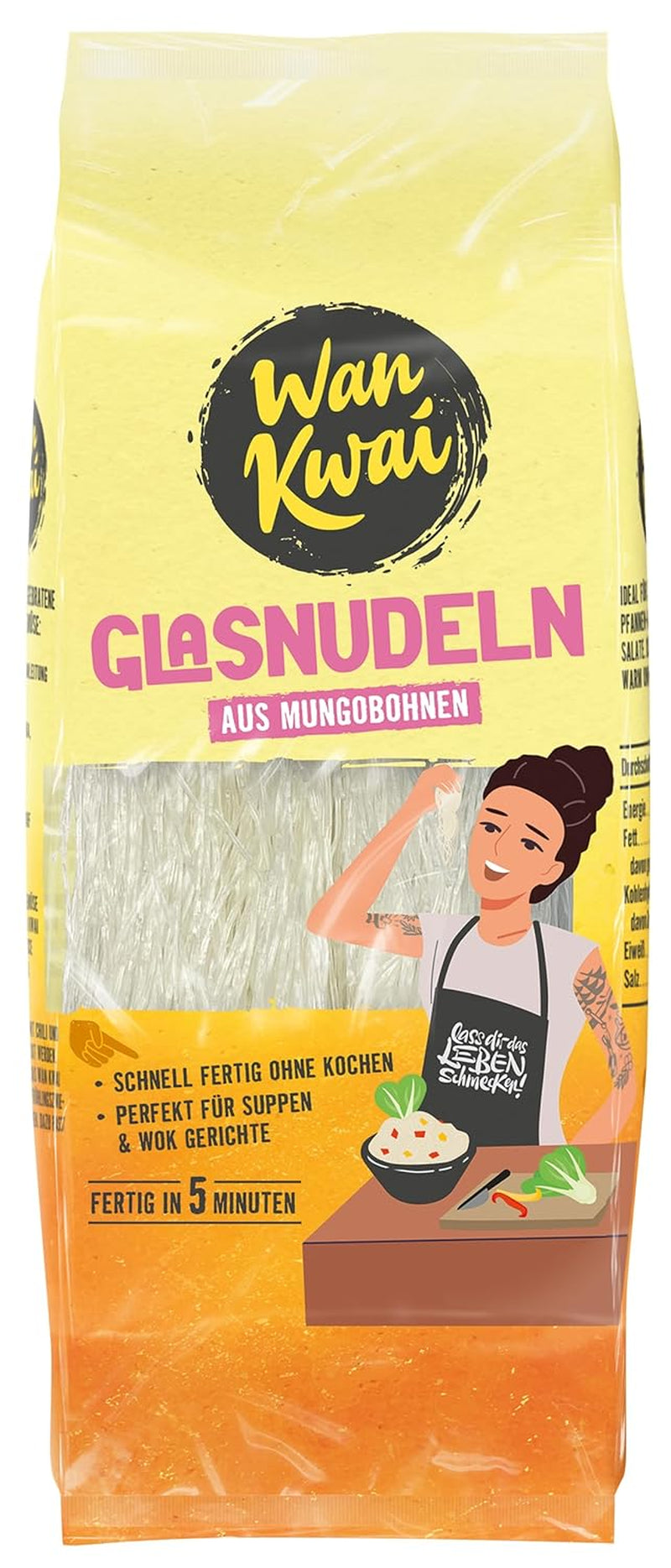 Makaron Szklany Wan Kwai 100g – Wyśmienita odmiana azjatycka! Bezglutenowy, wyprodukowany na bazie skrobi z fasoli mung i wody. Idealne do zup, dań z woka i sałatek. Delikatna konsystencja, gotowe w 5 minut.