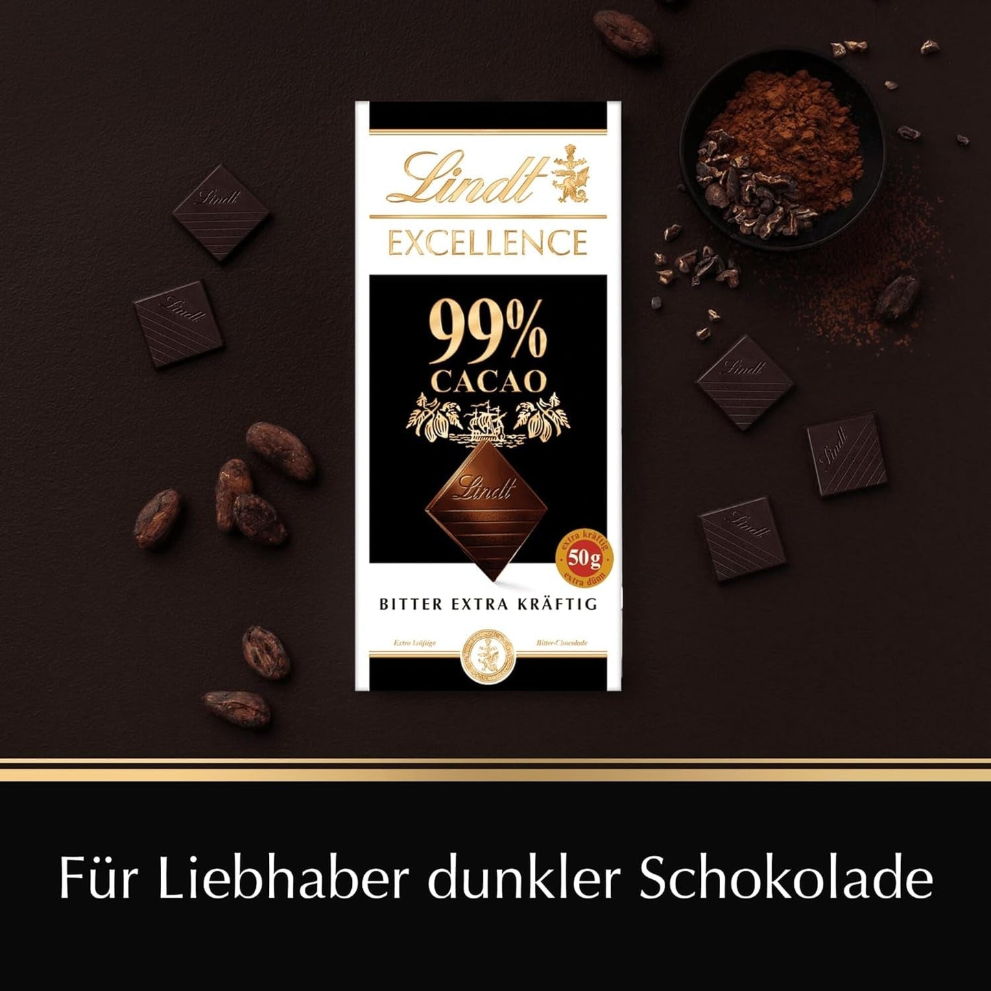 Lindt EXCELLENCE 99% Kakao - Edelgorzka czekolada | 50 G Tafel | Extra Kräftige Gorzka Czekolada | Wzmacniacz Kakao-Geschmack | Ciemna czekolada | Wegańska Schokolade | Sklep Schokoladengeschenk Naty