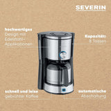 Ekspres SEVERIN „TypeSwitch” z karafką termiczną, AromaSwitch do wyboru pomiędzy 2 profilami parzenia, ekspres do kawy na 10 filiżanek, 1000W, stal nierdzewna szczotkowana-czarna, KA 4845